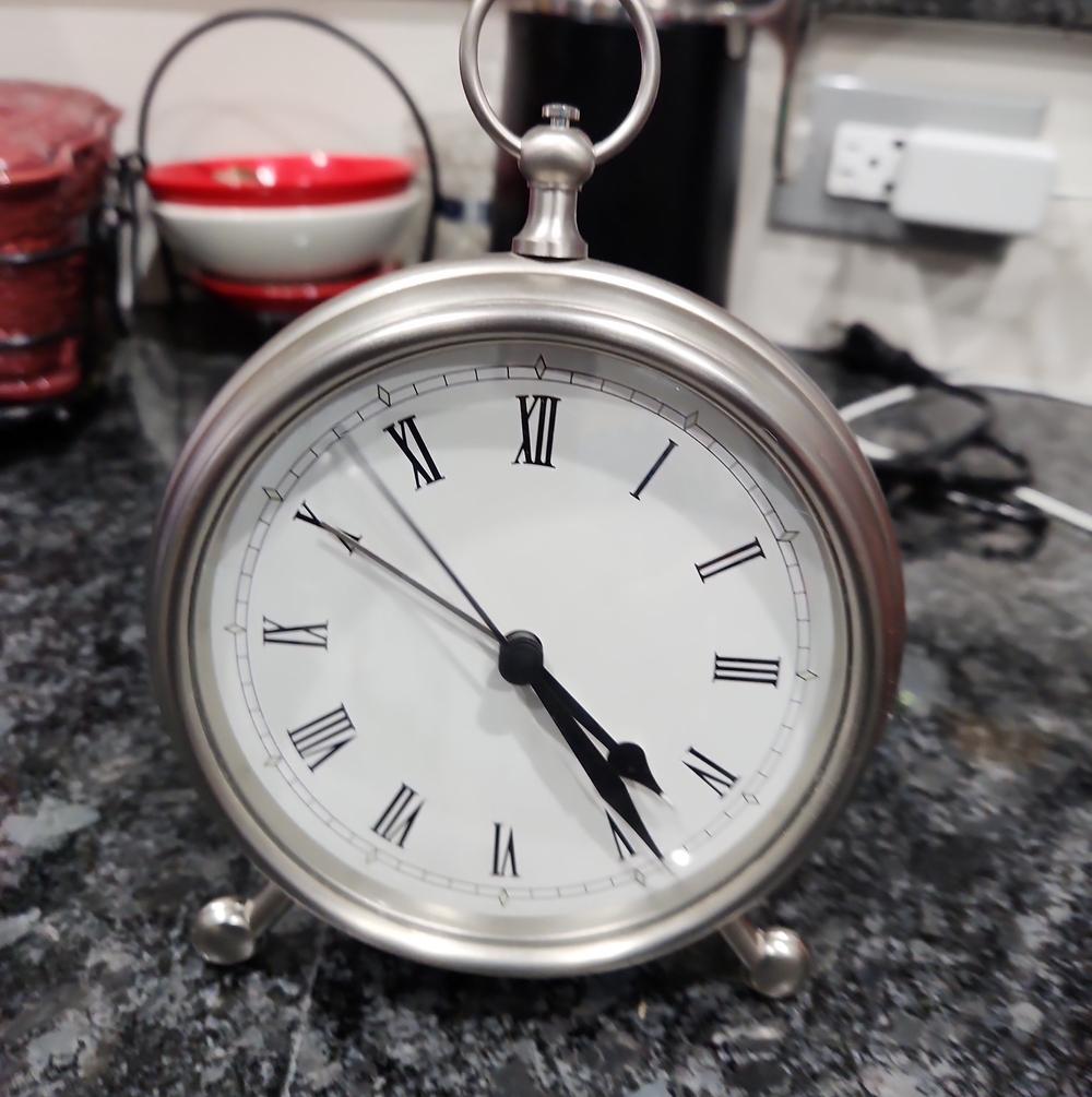 Pottery Barn Silver-Finish Round Roman Numeral Table Clock